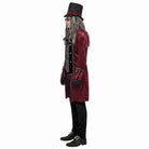 Man wearing burgundy velvet frock coat, black top hat, and jabot shirt | Chaps London