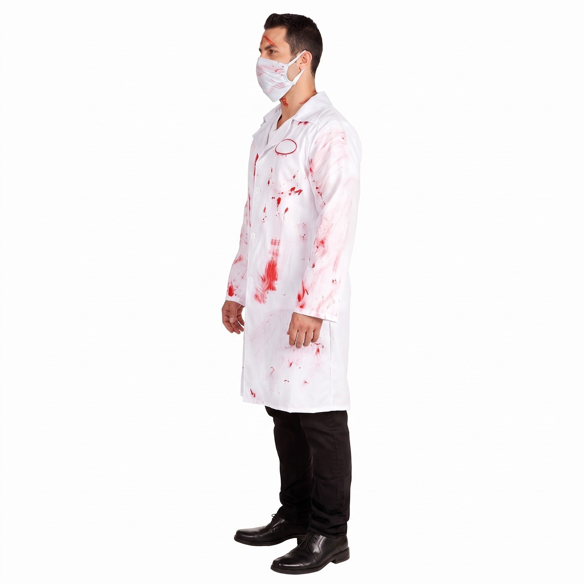 Man wearing white blood-splattered coat with face mask, side view | Chaps London
