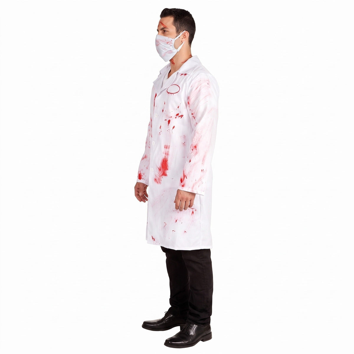Man wearing white blood-splattered coat with face mask, side view | Chaps London