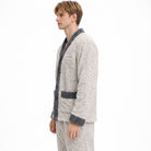 Man wearing textured cream fleece pyjama cardigan with grey trim details | Chaps London