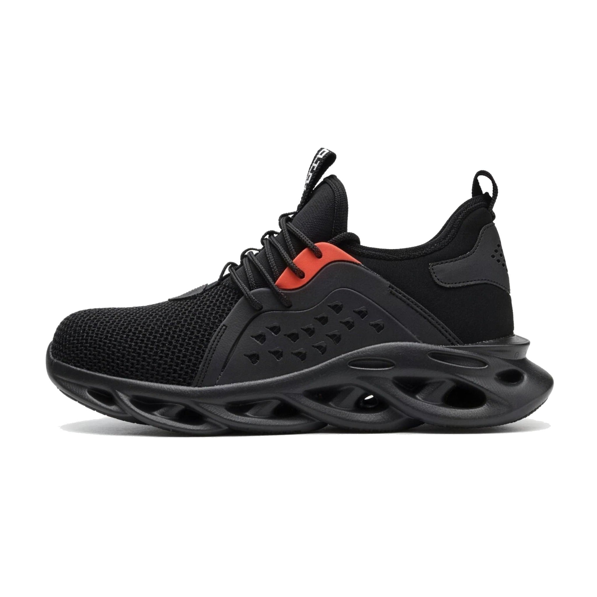 Black mesh work sneaker with orange accent and wavy sole, shown alone | Chaps London