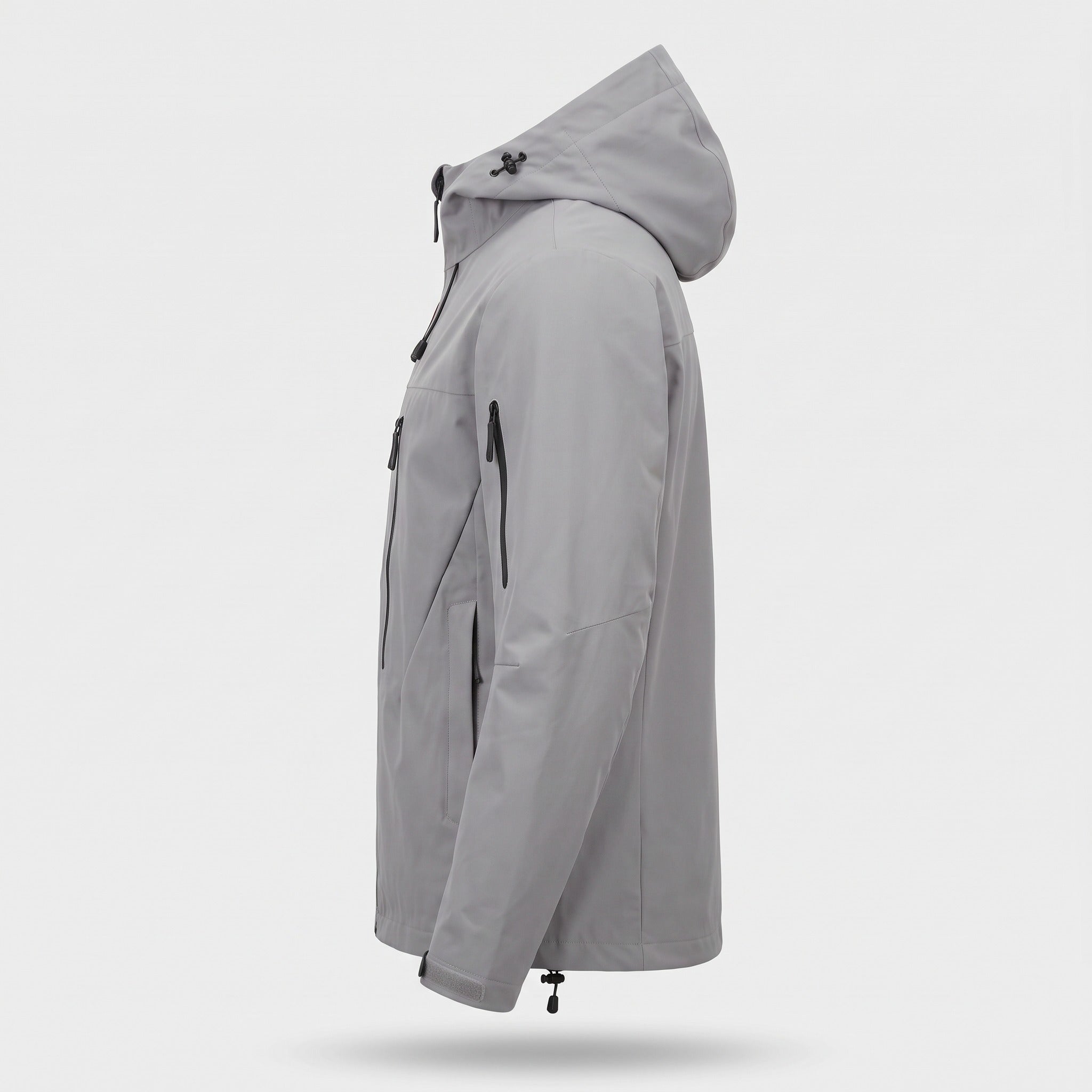 Gray hooded rain jacket with zip pockets, shown on mannequin, side view | Chaps London