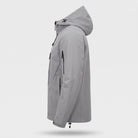 Gray hooded rain jacket with zip pockets, shown on mannequin, side view | Chaps London