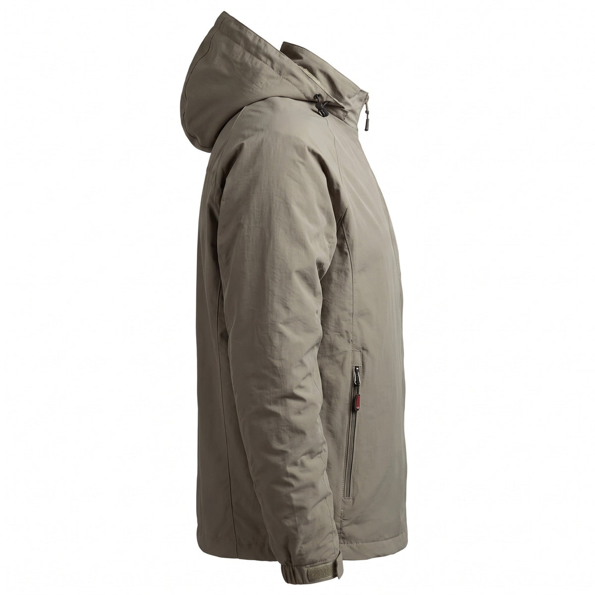 Side view of beige hooded jacket with zipper, worn by person | Chaps London