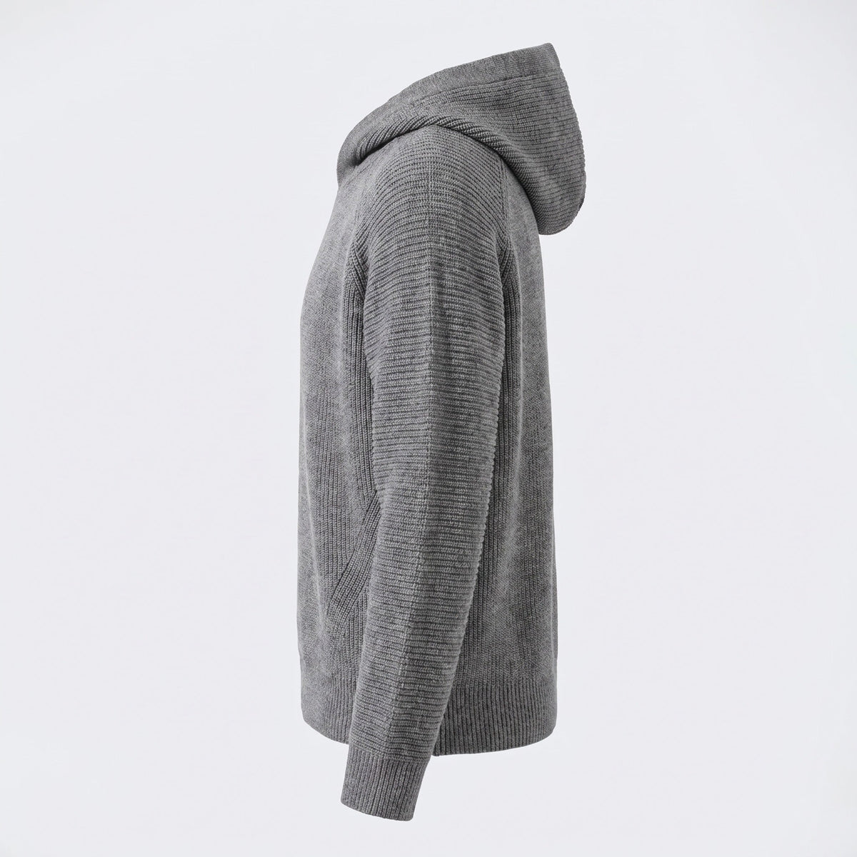Gray ribbed knit hoodie, side view, worn by a person | Chaps London