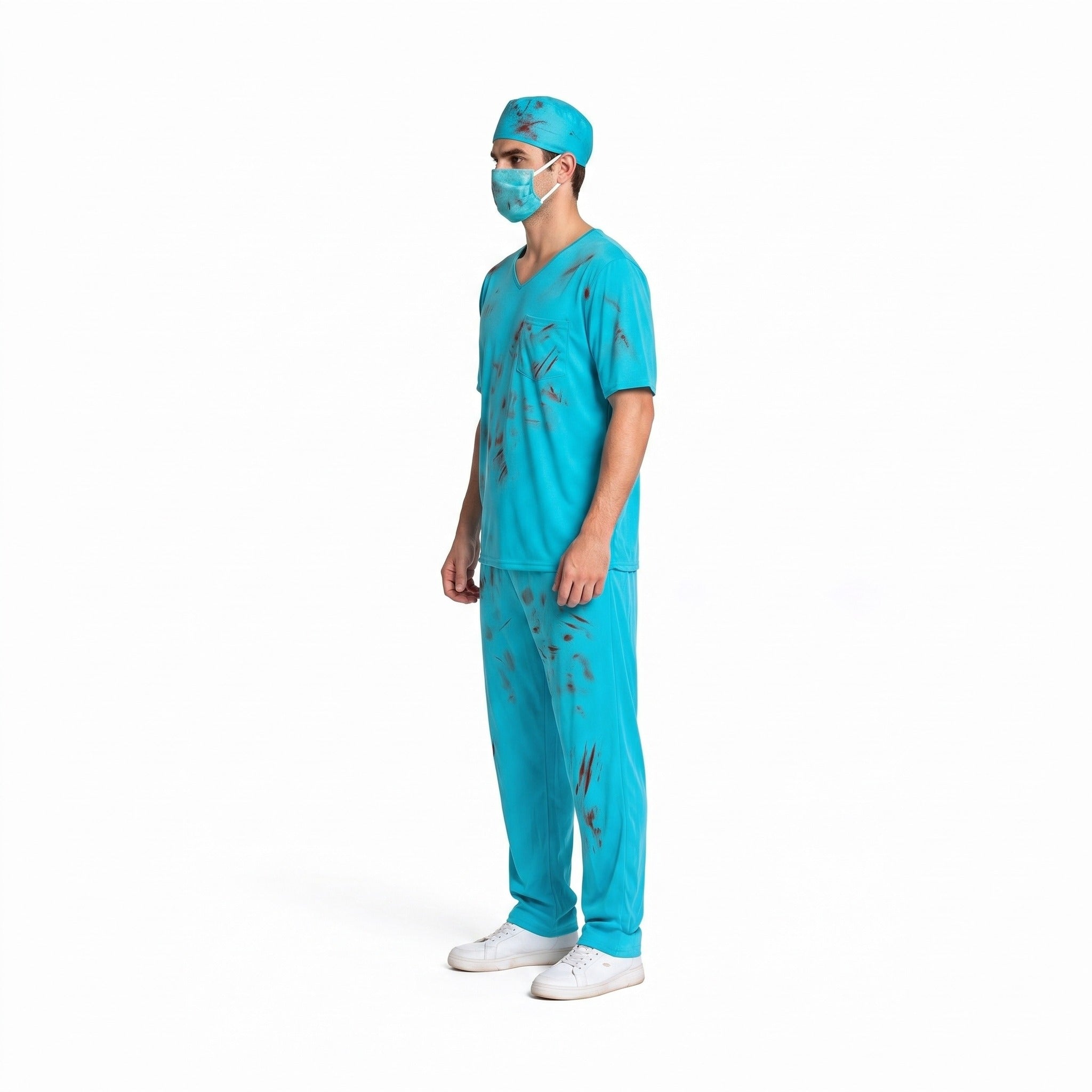 Man wearing teal blood-splattered scrub costume with cap and face mask | Chaps London