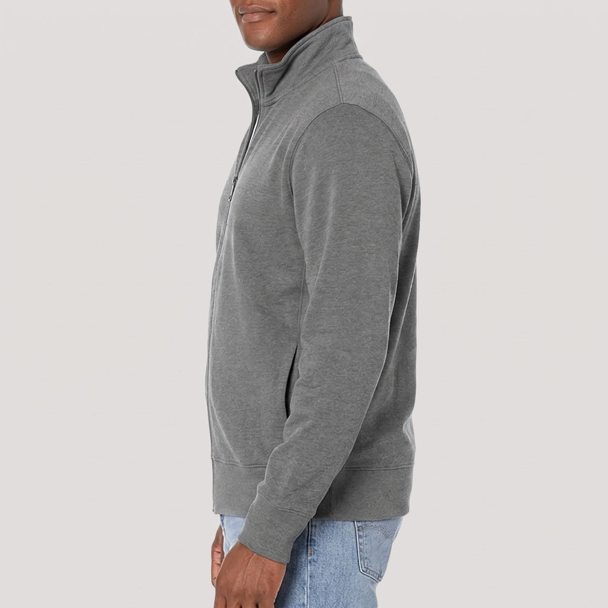 Man wearing gray heathered full-zip jacket with stand collar, side profile view | Chaps London