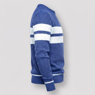Blue knitted jumper with white stripes, side view, worn by model | Chaps London