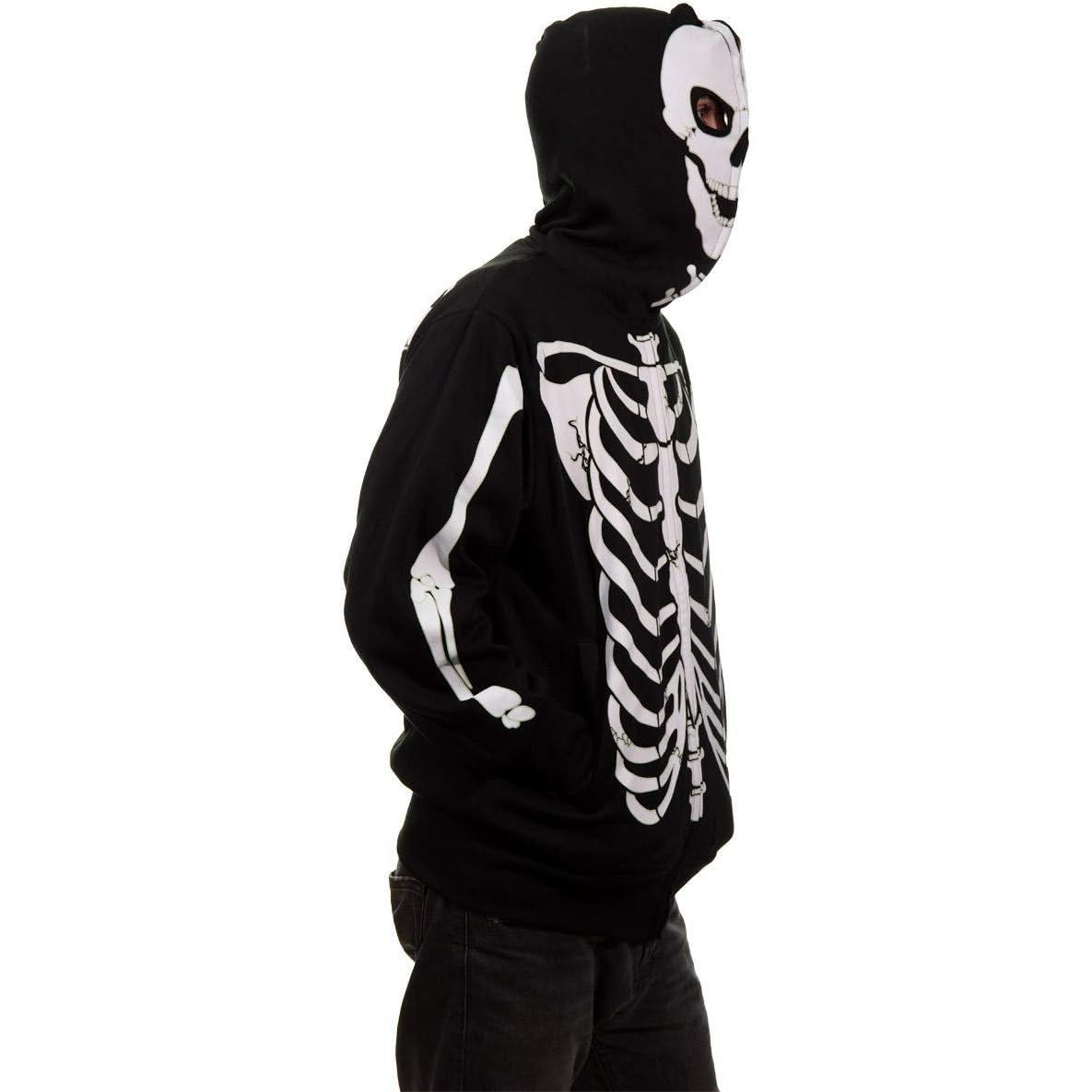 Black hoodie with white skeleton print, zip-up hood mask, worn by person | Chaps London
