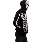 Black hoodie with white skeleton print, zip-up hood mask, worn by person | Chaps London