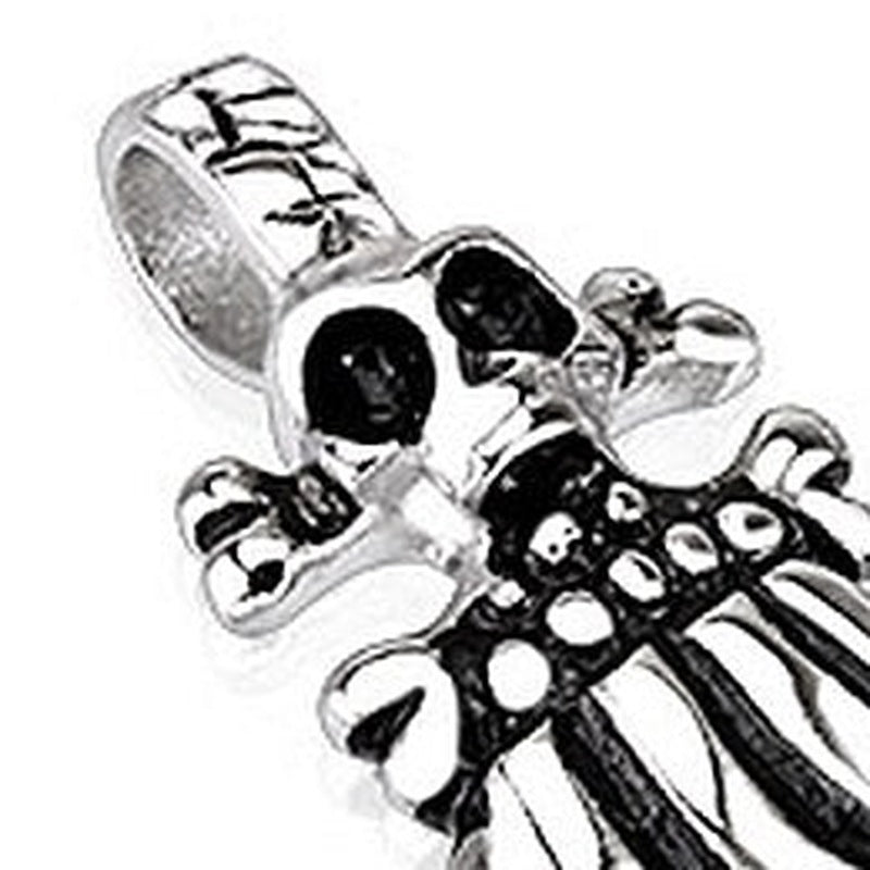 Silver skull and skeleton hand pendant with black accents, shown flat | Chaps London