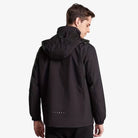 Man wearing black hooded waterproof jacket, rear view, worn outdoors | Chaps London