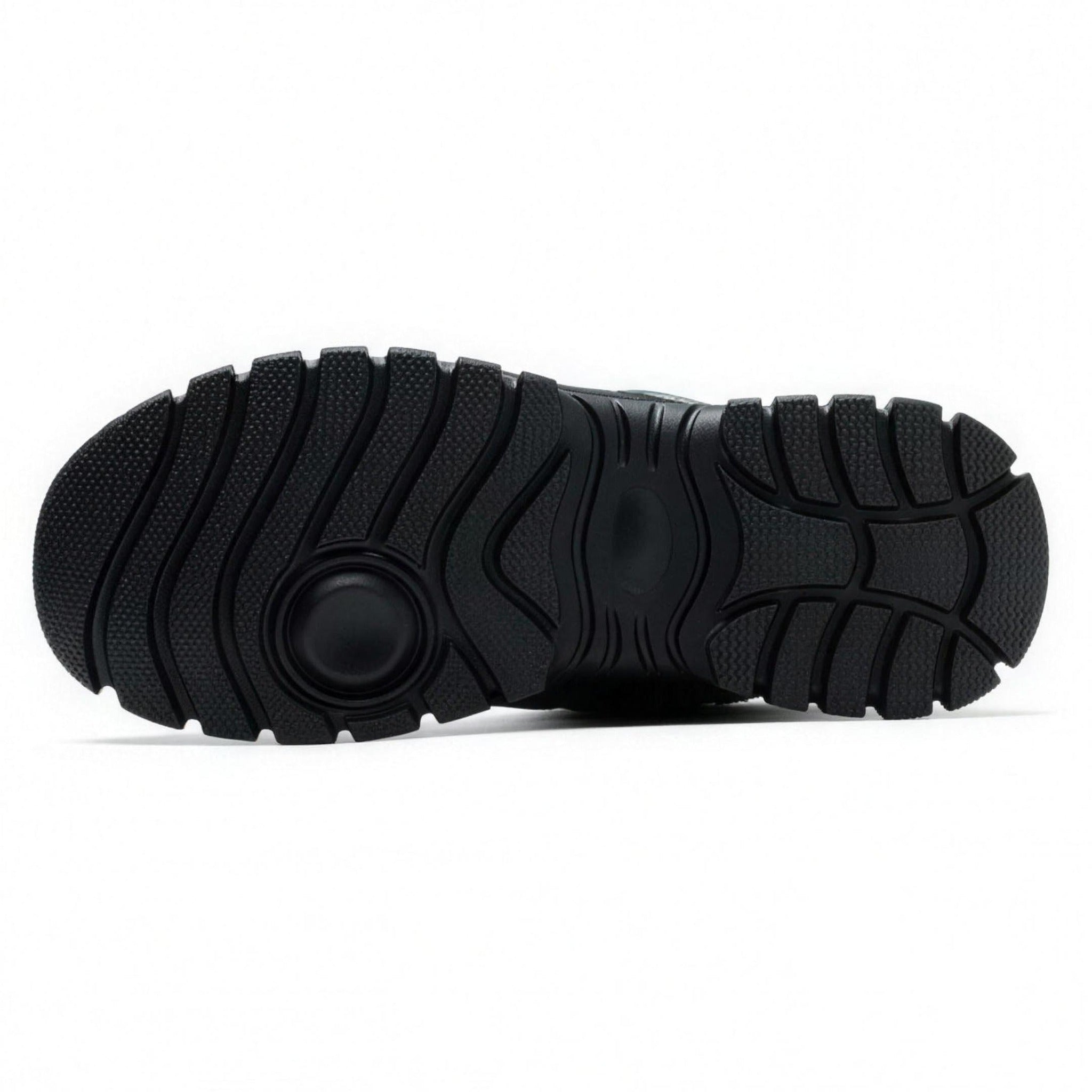 Black rubber shoe sole with textured tread pattern, shown flat, bottom view | Chaps London