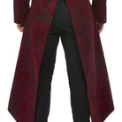 Burgundy tailcoat with black branch pattern, worn by person, back view | Chaps London