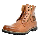 Brown leather lace-up boot with side zipper and buckle strap detail | Chaps London