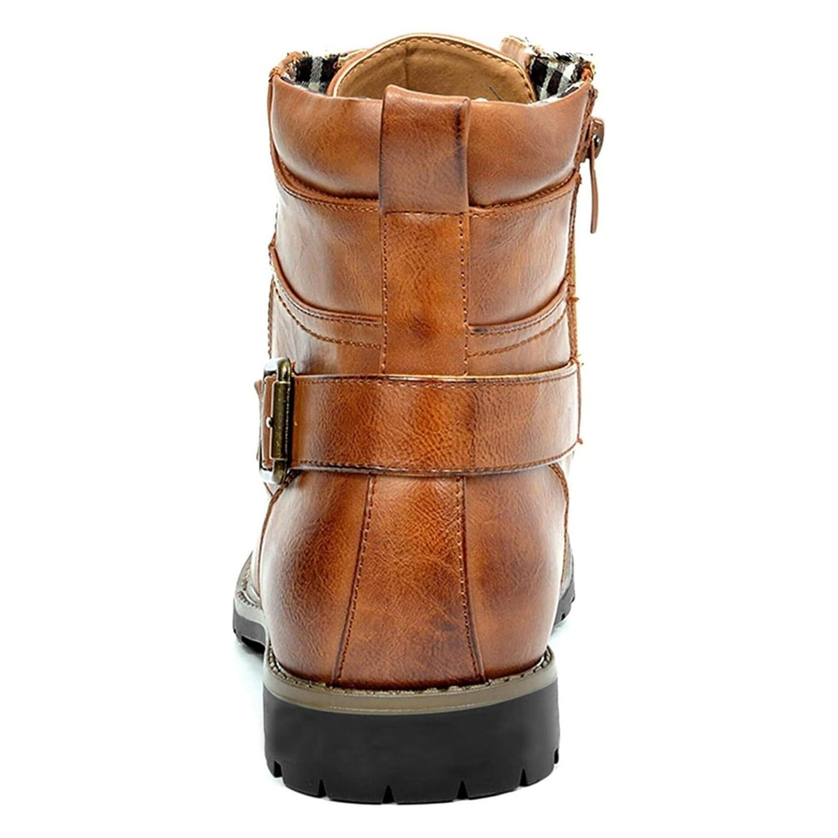 Brown leather biker boot, back view, with buckle strap and zipper | Chaps London
