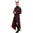 Man wearing burgundy patterned devil tailcoat with black cravat and horn headband | Chaps London
