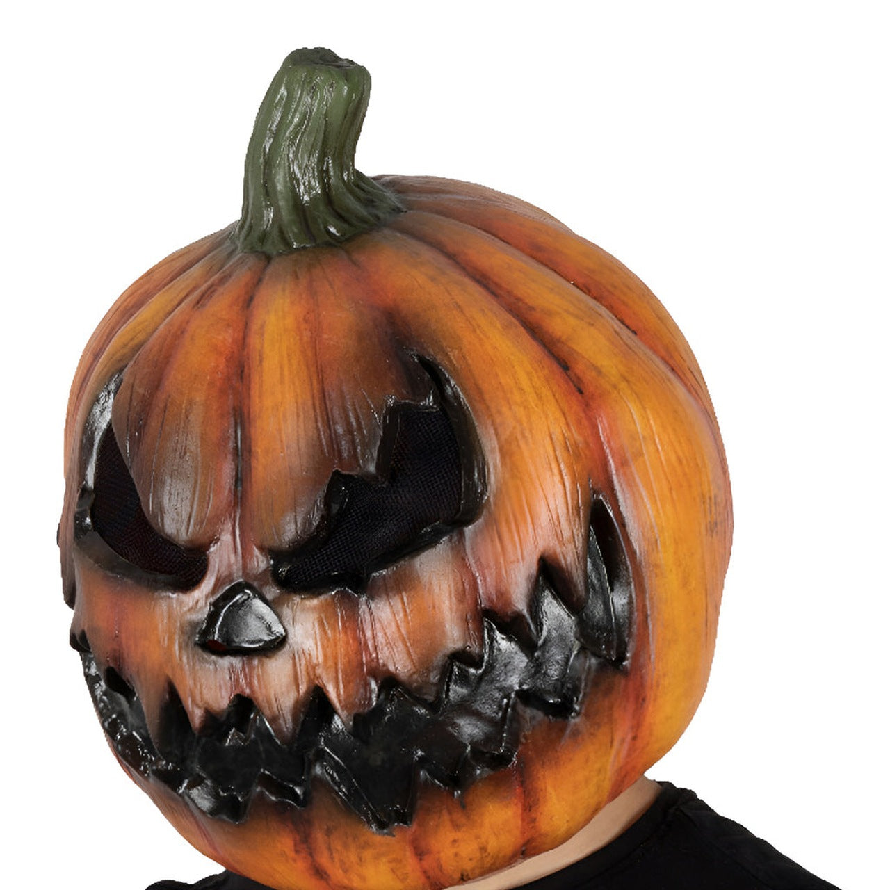 Orange pumpkin mask with evil jack-o-lantern face worn by person | Chaps London