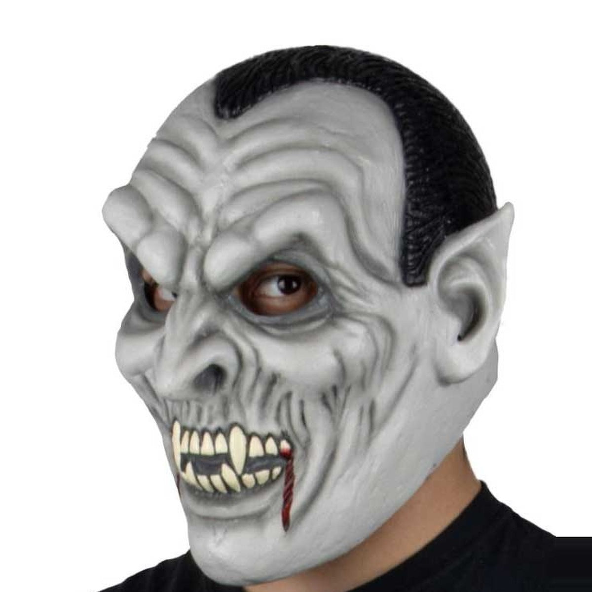 Gray vampire mask with black hair, fangs, worn by person | Chaps London