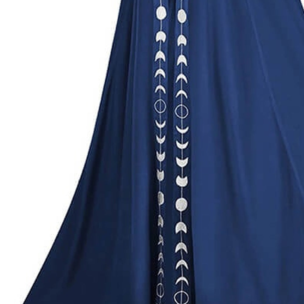 Navy blue cloak with white moon phase trim, close-up fabric detail | Chaps London