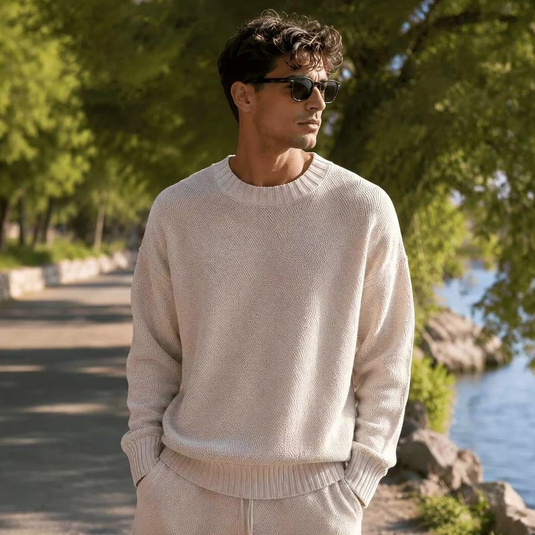 Men's Oversized Knit Set | Crew Neck Jumper | Wide Trousers | Cream