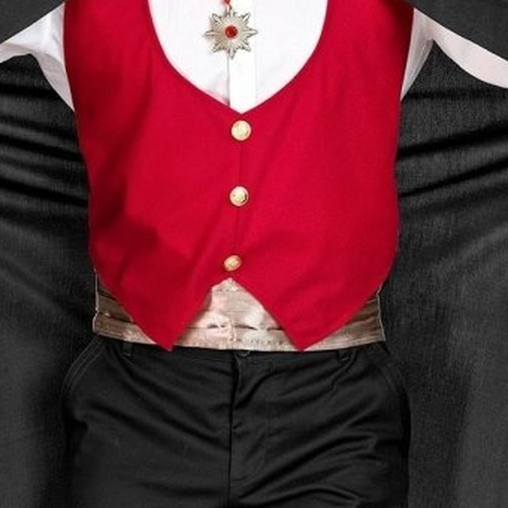 Red waistcoat with gold buttons and jeweled brooch worn by a person | Chaps London