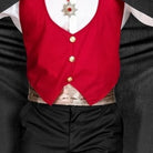 Red waistcoat with gold buttons and jeweled brooch worn by a person | Chaps London