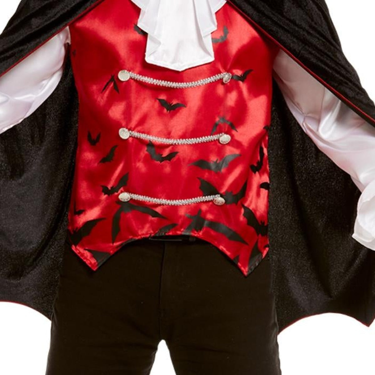 Red bat-print waistcoat with white jabot shirt, worn by a person | Chaps London