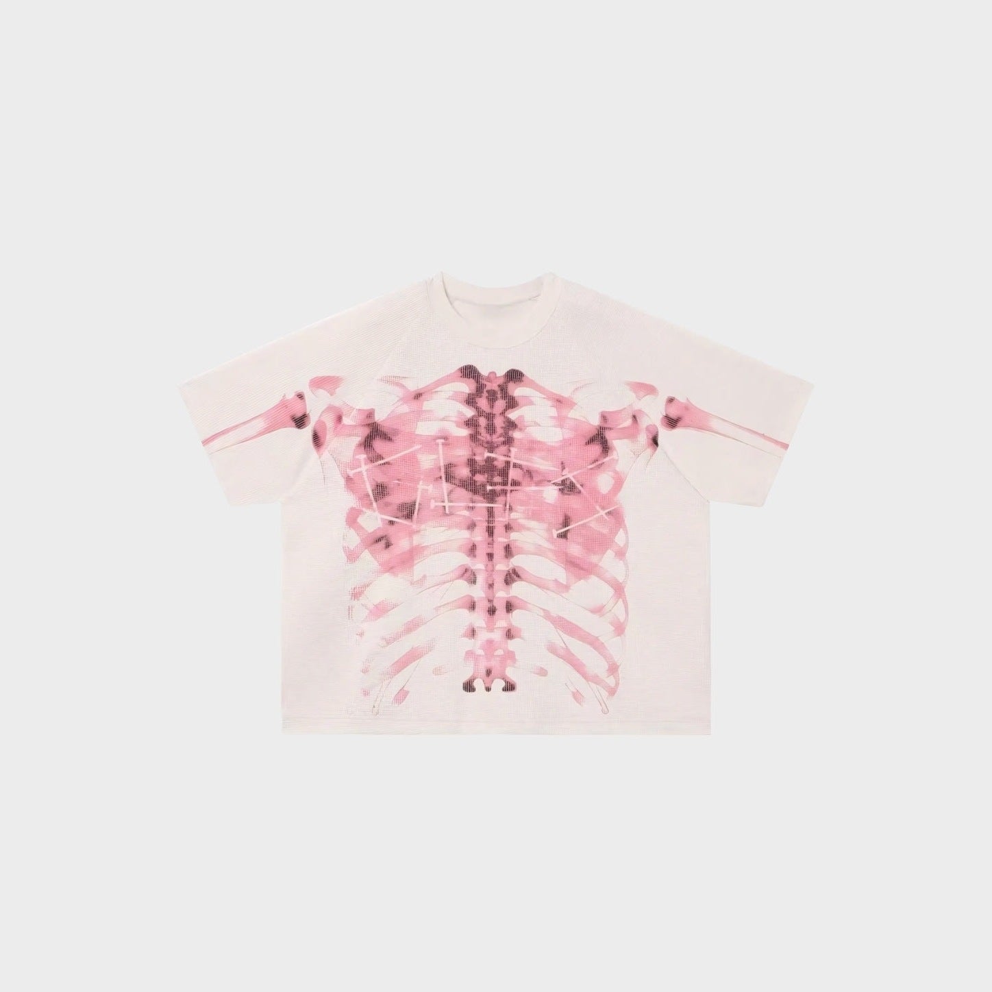 Pale pink oversized T-shirt with pink ribcage skeleton print, shown flat | Chaps London