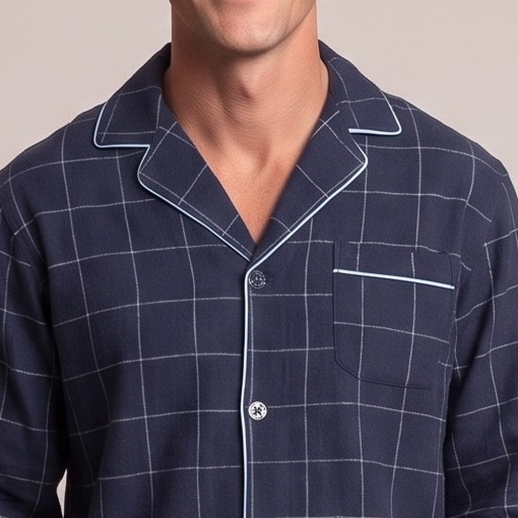 Man wearing navy windowpane check flannel pyjama top with light piping trim | Chaps London