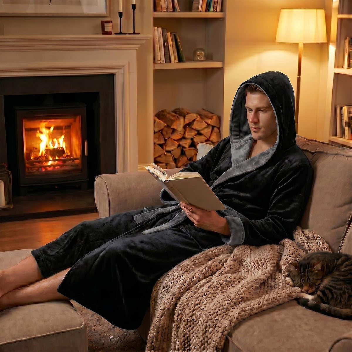 Men's Hooded Fleece Dressing Gown | Two Tone | 10 Colours