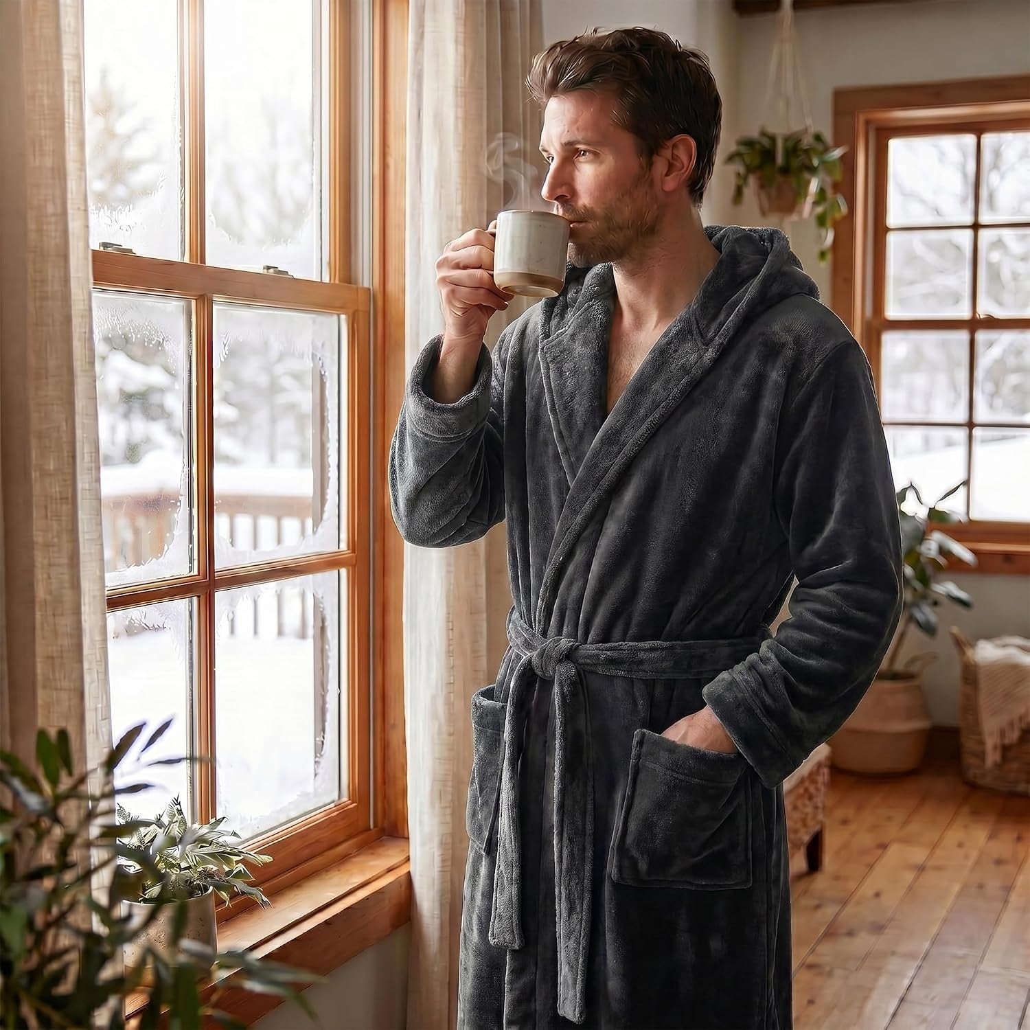 Men's Hooded Fleece Dressing Gown | Two Tone | 10 Colours