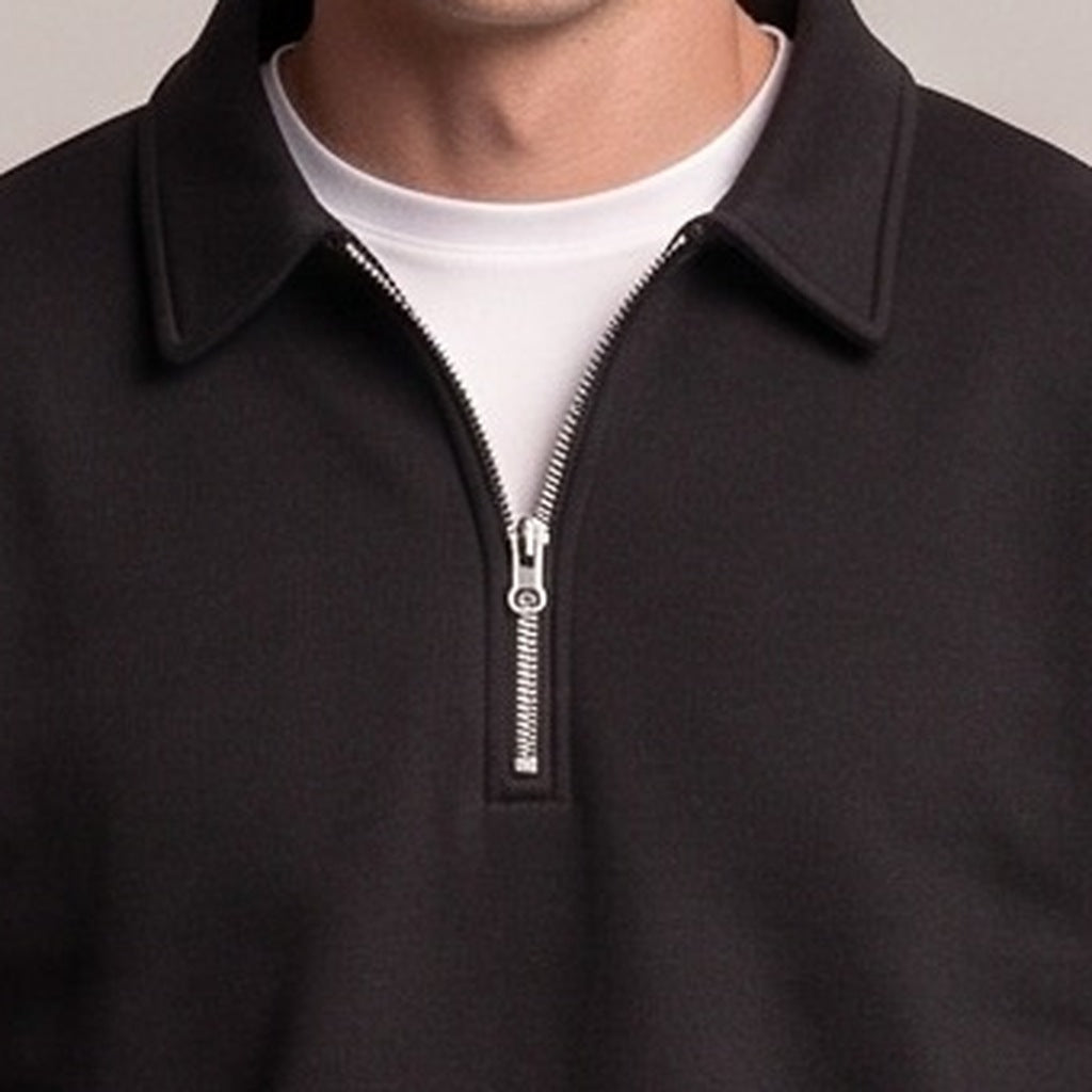 Black quarter-zip collared sweatshirt worn by man, close-up front view | Chaps London