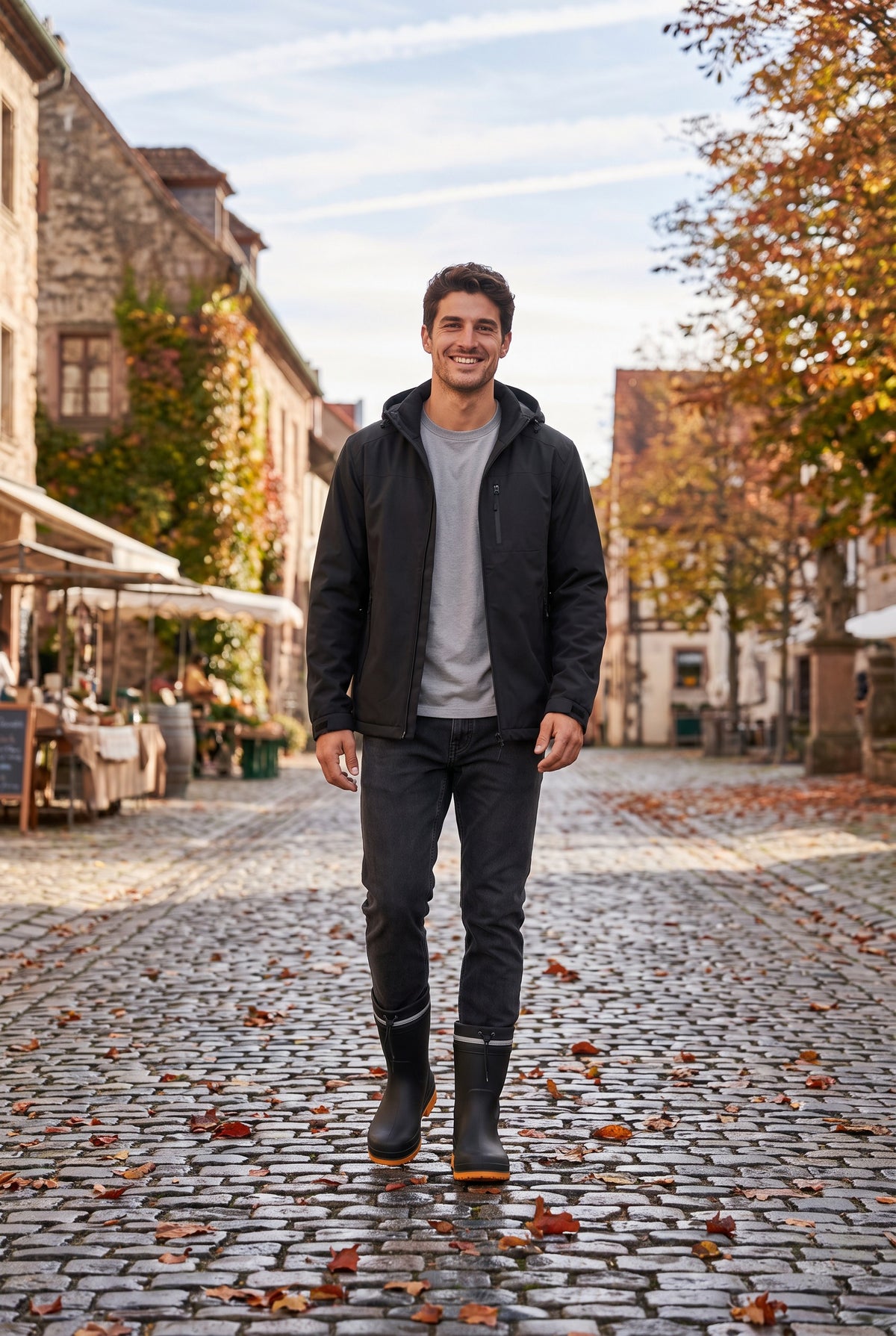 Smiling man in a black hooded jacket and dark jeans walking on a cobbled autumn street in black mid calf rain boots with orange soles, a reflective band and drawstring tops.