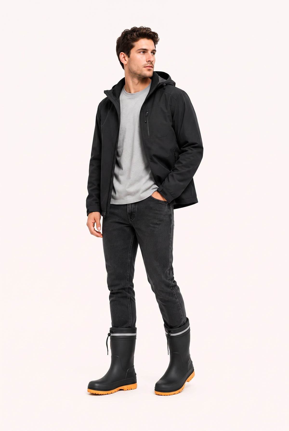 Man in a black hooded jacket, grey t-shirt and dark jeans wearing black mid calf rain boots with orange soles, a reflective band and drawstring tops.