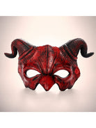 Red demon half mask with black ram horns