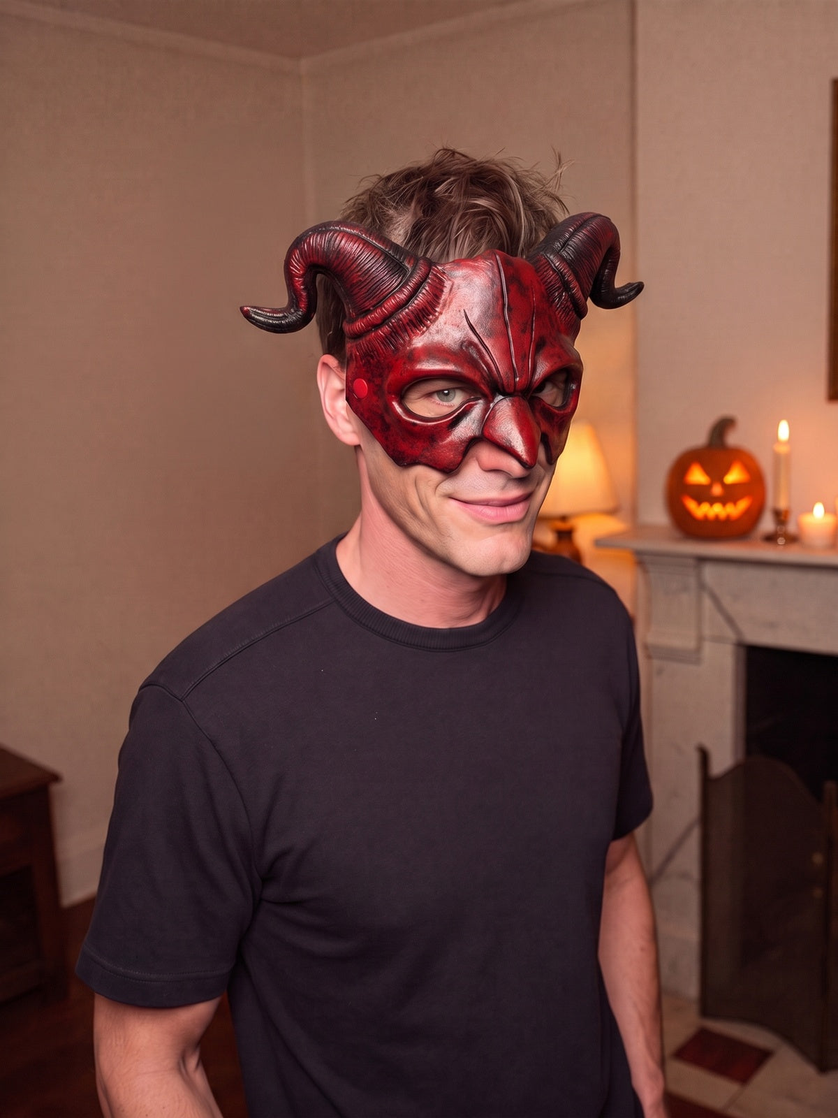 House model wearing the red demon mask with horns