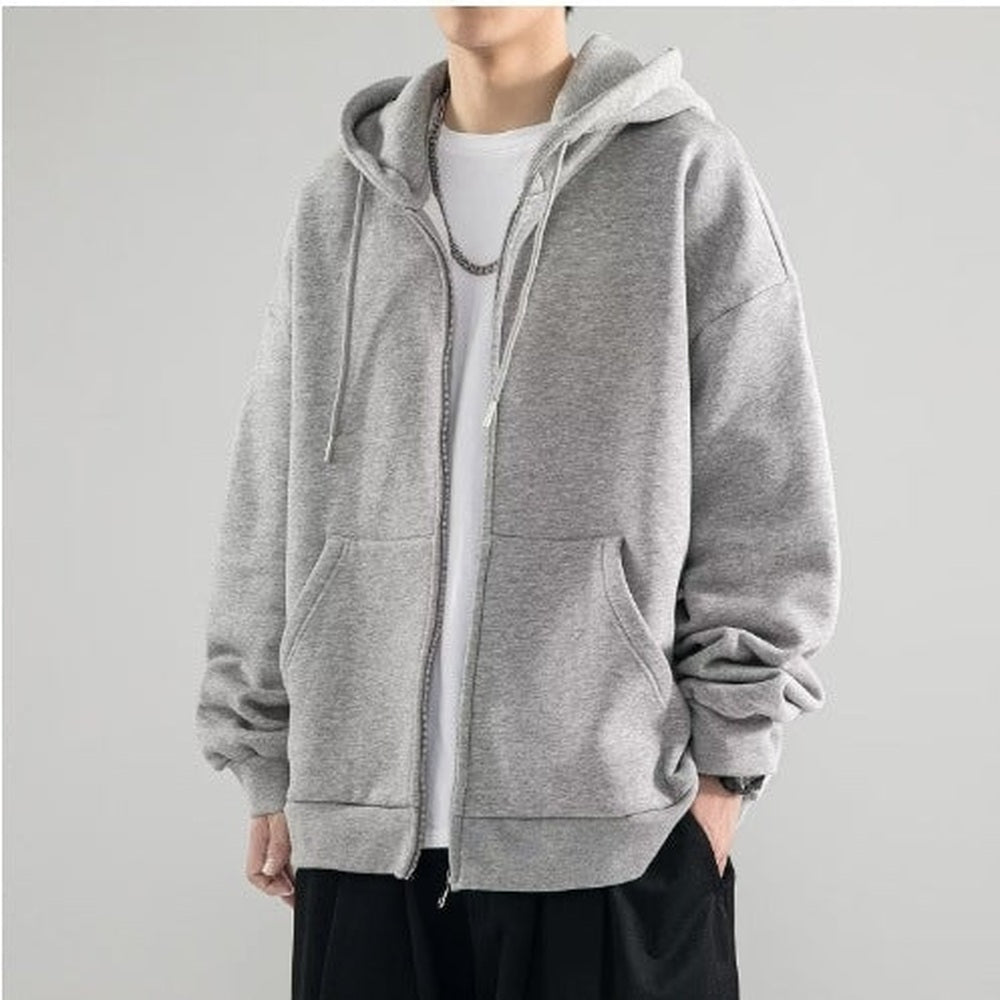 Gray oversized zip hoodie worn by man, dropped shoulders, casual outfit | Chaps London
