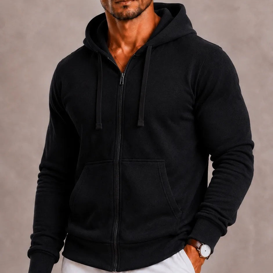 Black full-zip fleece hoodie with drawstring hood worn by a man | Chaps London