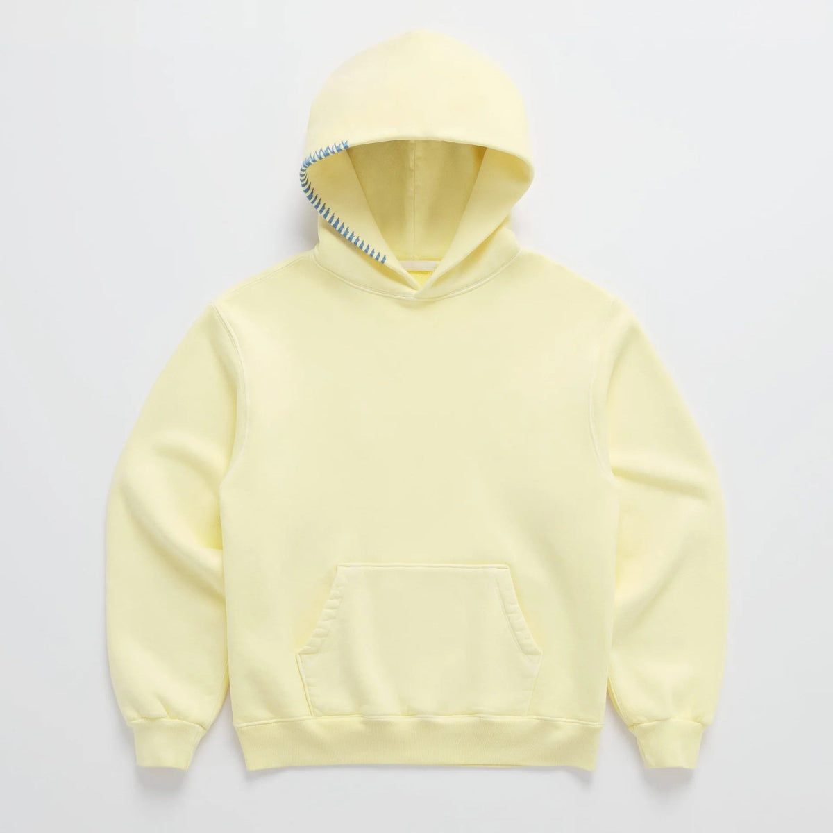 Pale yellow oversized hoodie with striped drawstring, shown flat on background | Chaps London