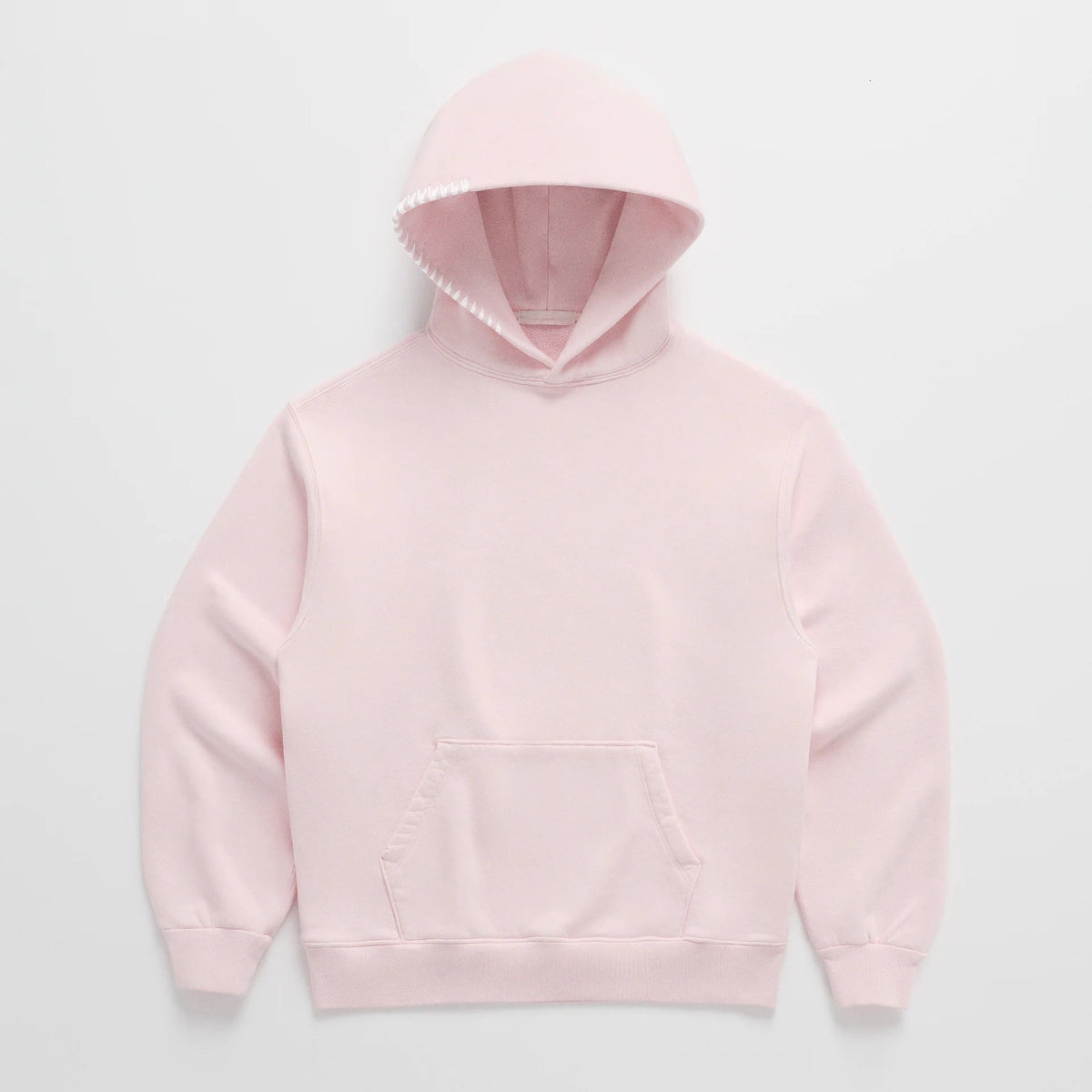 Pink oversized hoodie with striped trim, laid flat, front view | Chaps London