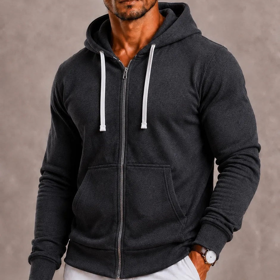 Dark gray zip-up hoodie with drawstrings, worn by a man | Chaps London