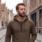 Man wearing brown lace-up collar hoodie with kangaroo pocket on street | Chaps London