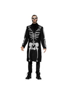 Man in a long black skeleton print costume coat, front