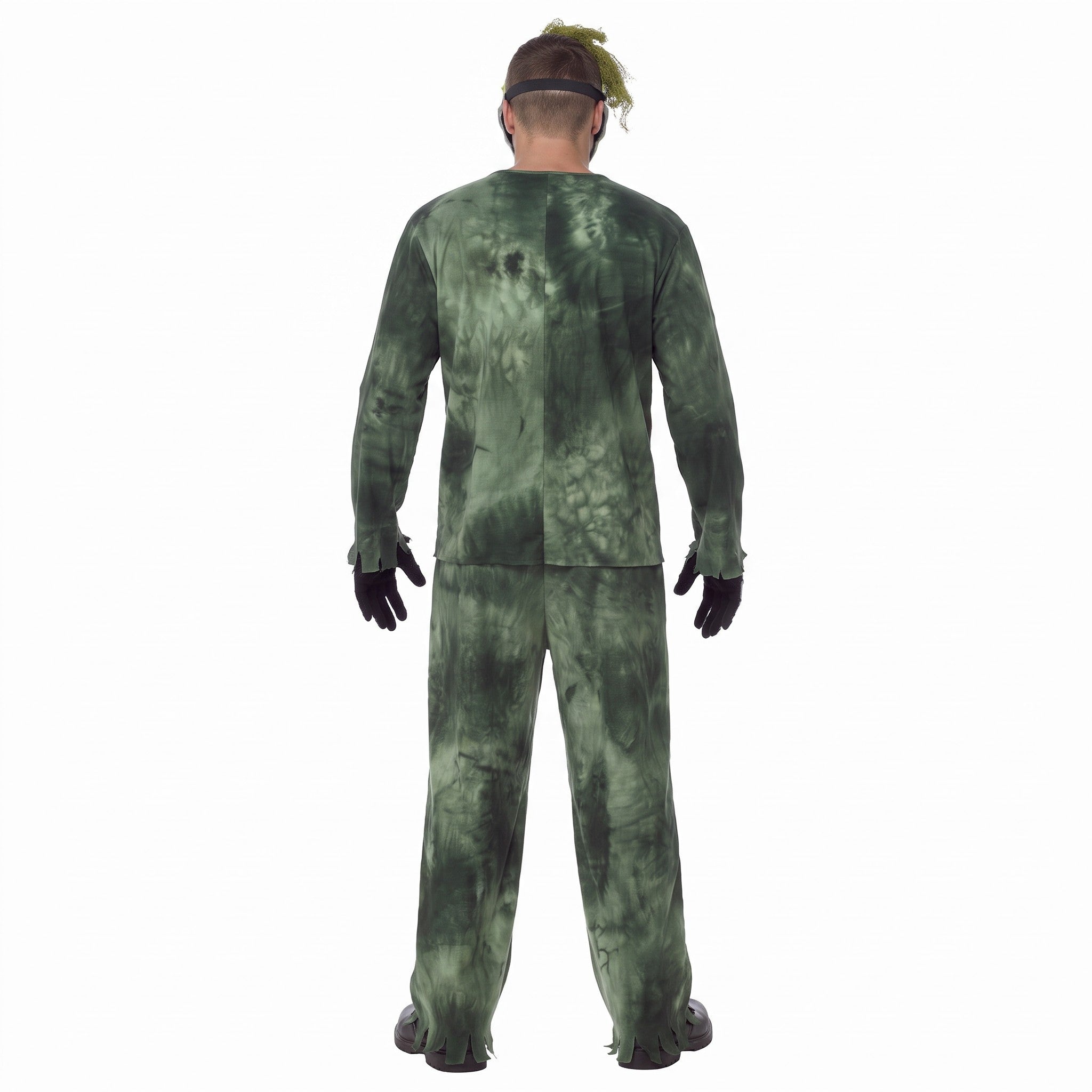 Person wearing tattered green-gray hooded costume with stringy hair, back view | Chaps London