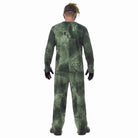 Person wearing tattered green-gray hooded costume with stringy hair, back view | Chaps London