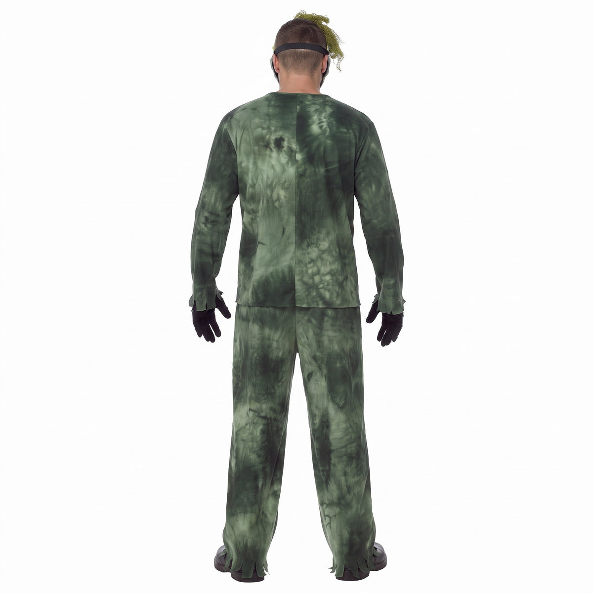 Person wearing tattered green-gray hooded costume with stringy hair, back view | Chaps London