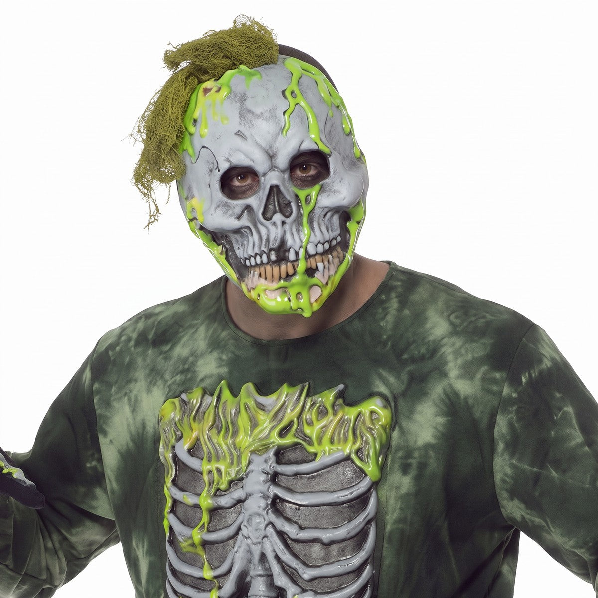 Skeleton zombie mask costume worn by person, green skull face, ribcage top | Chaps London
