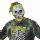 Skeleton zombie mask costume worn by person, green skull face, ribcage top | Chaps London