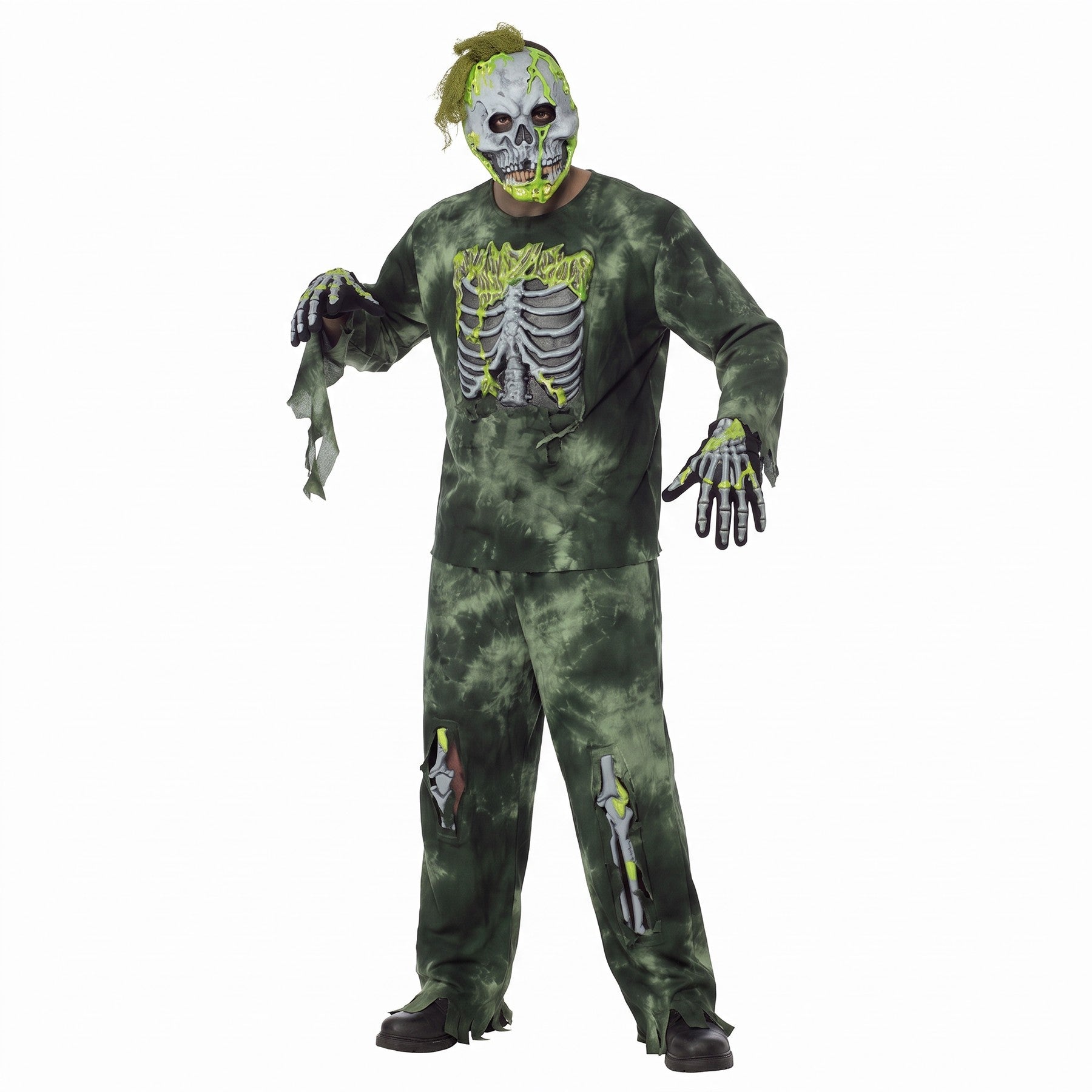 Skeleton zombie costume with tattered tan fabric worn by a person | Chaps London